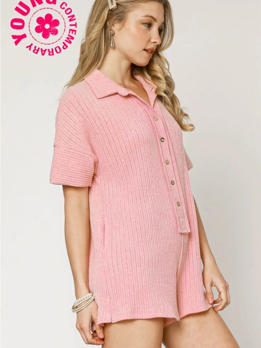Umgee Rib Knit Collar Romper - Picture 2 of 4